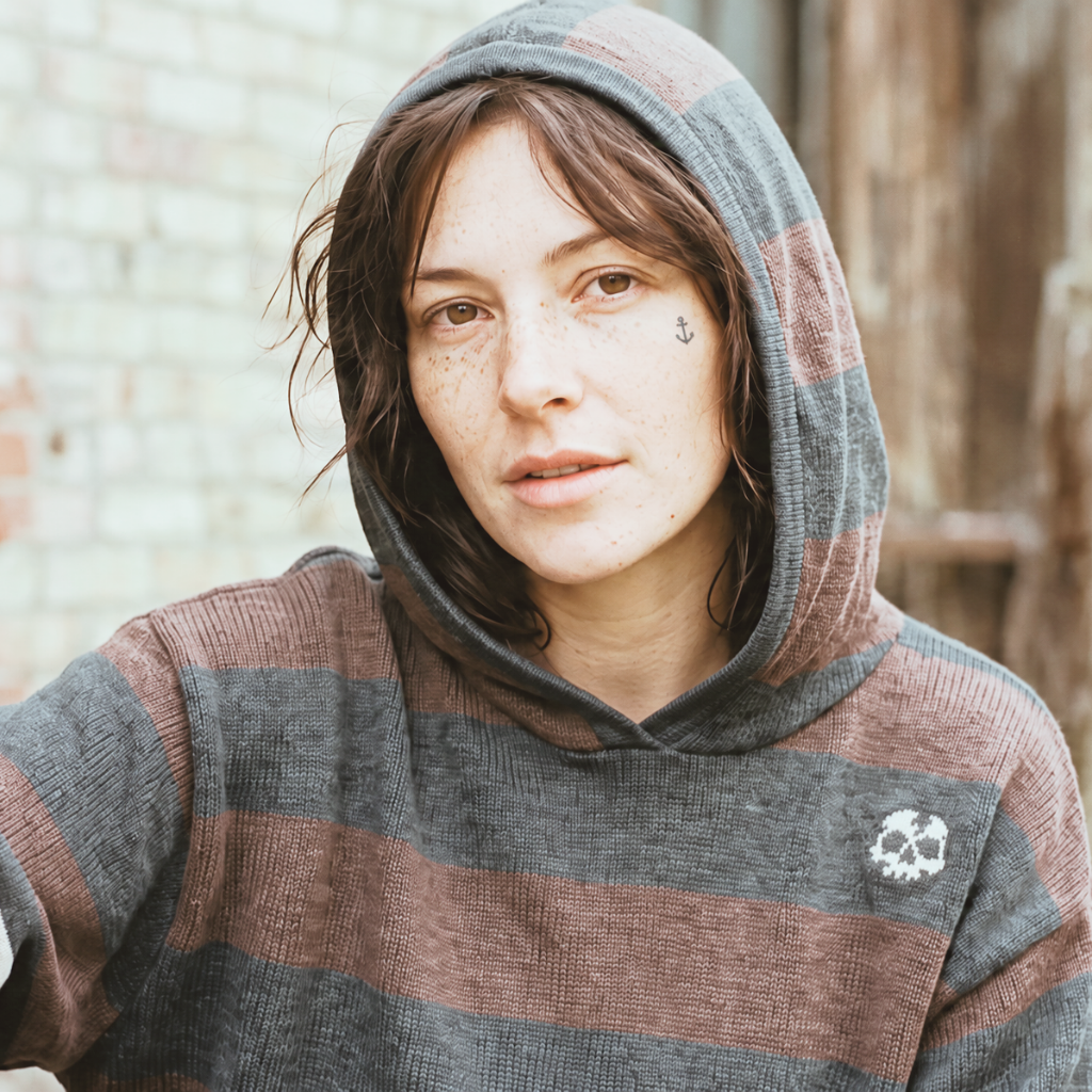 A woman wearing a heather gray and brown striped hoodie with a white graphic on the sleeve, standing in front of a rustic brick wall.