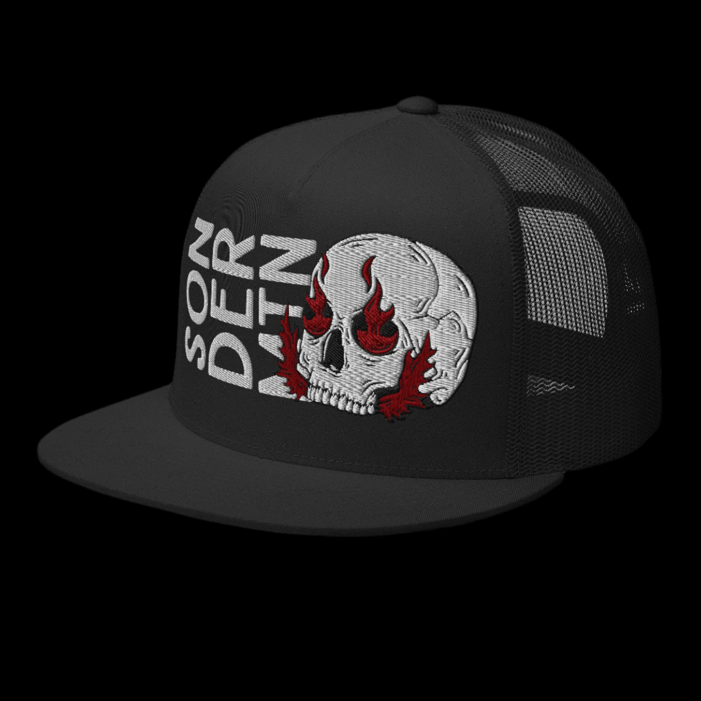 A black trucker cap with a flat brim, featuring a graphic design of a skull with flames on the front panel.