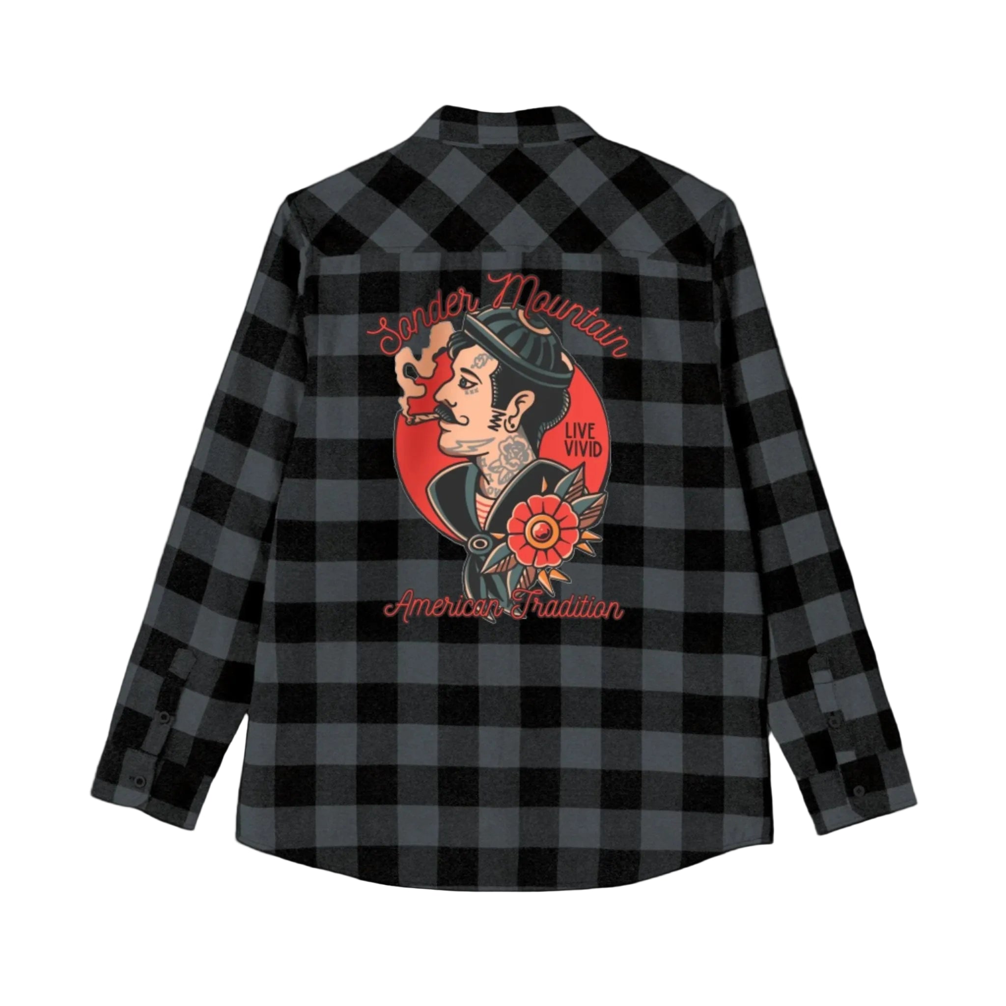 American Tradition unisex heavyweight flannel shirt with classic buffalo plaid pattern, bold flash-art graphic on the back, 60% cotton 40% polyester blend, relaxed classic fit, tear-away neck label, and sewn-in side label for authenticity.