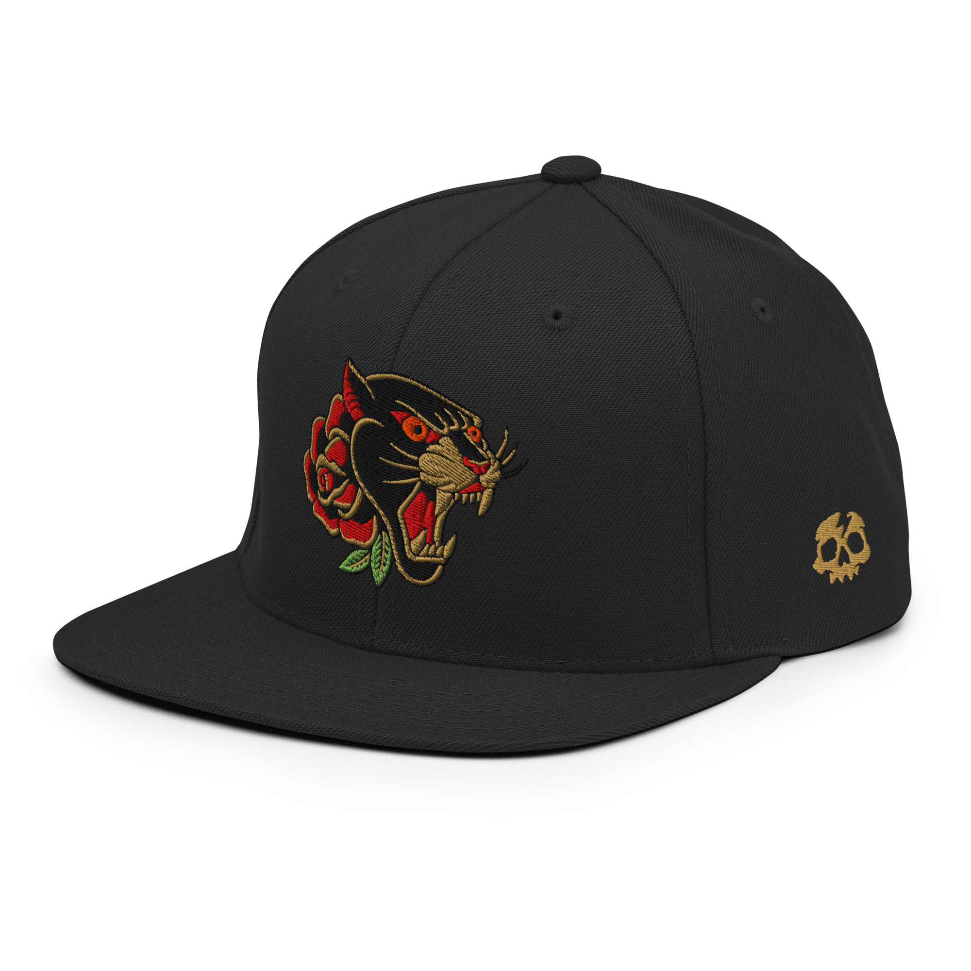 Black cap with panther and rose design on a white background