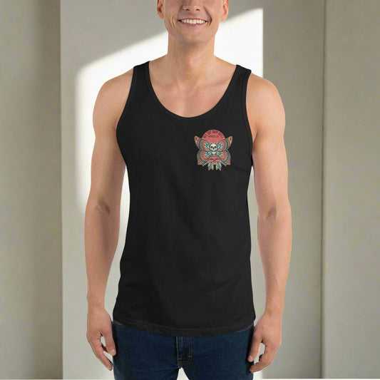 A man wearing a black sleeveless tank top with a graphic of a moth and skull on the chest.