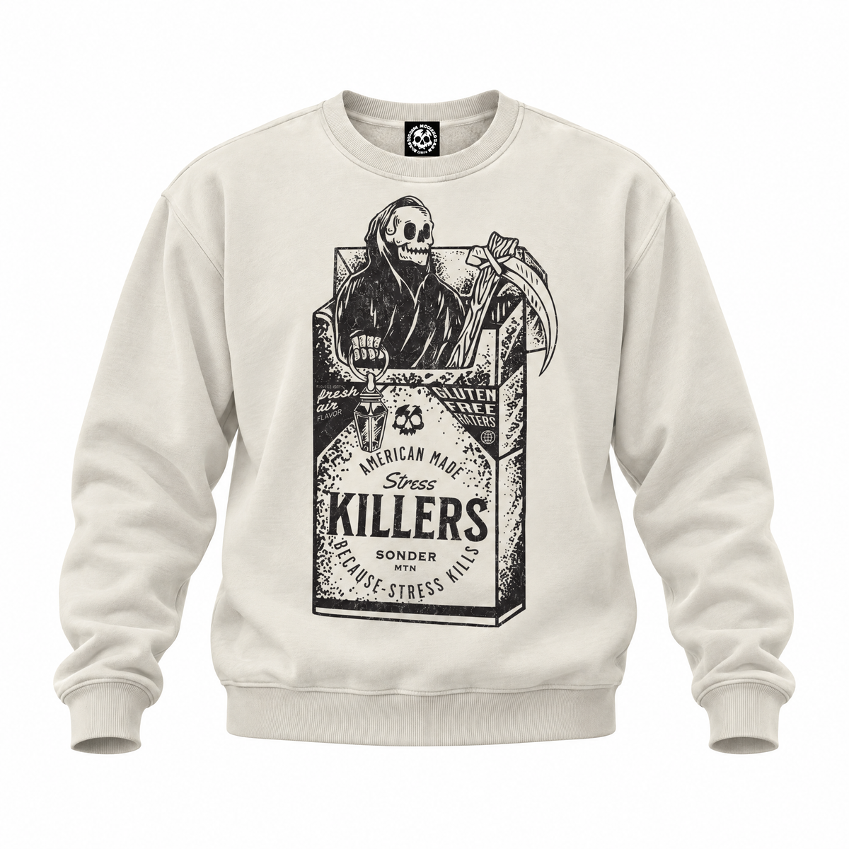 An off-white crewneck sweatshirt featuring a large black graphic print of a skeleton in a cigarette pack labeled 'KILLERS'.
