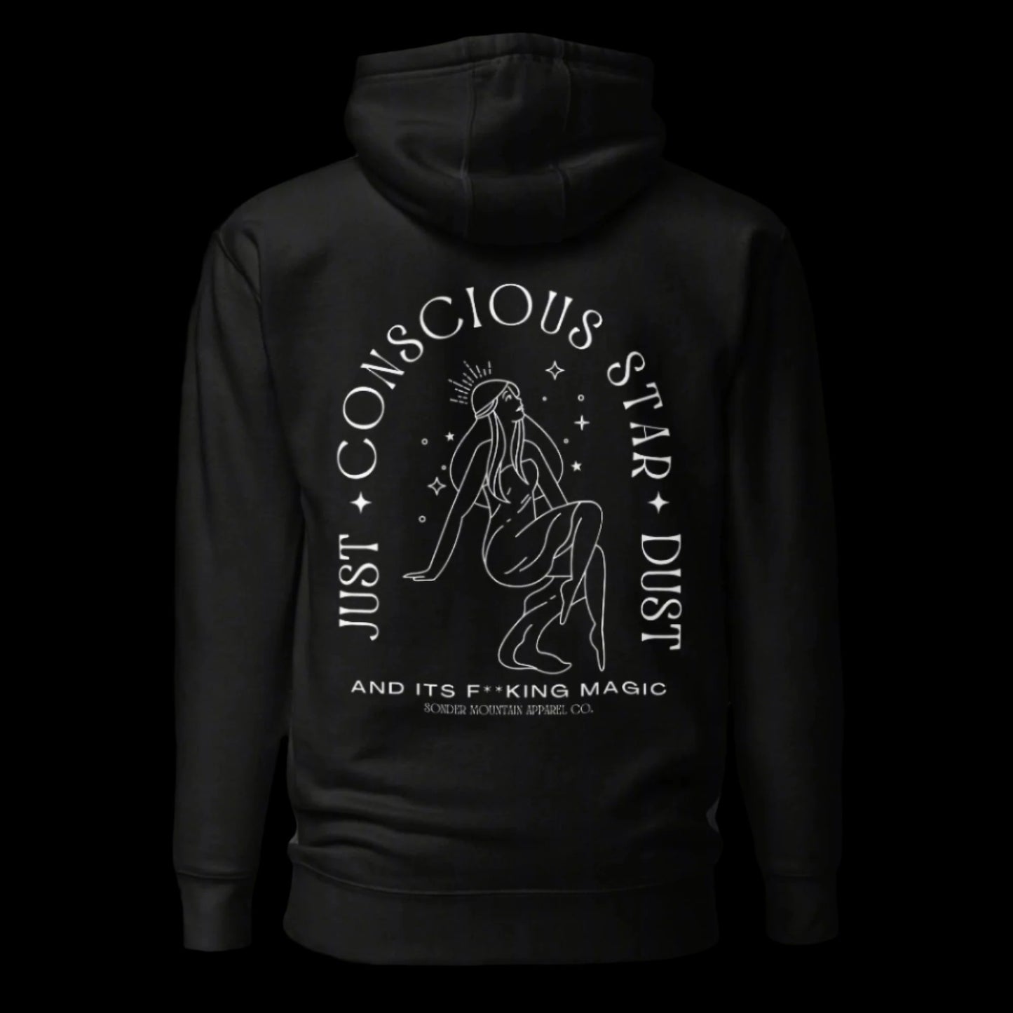 Star | Dust tattoo-inspired unisex hoodie with cotton face, brushed fleece interior, oversized back print, front pouch pocket, 3-panel hood, and matching flat drawstrings.