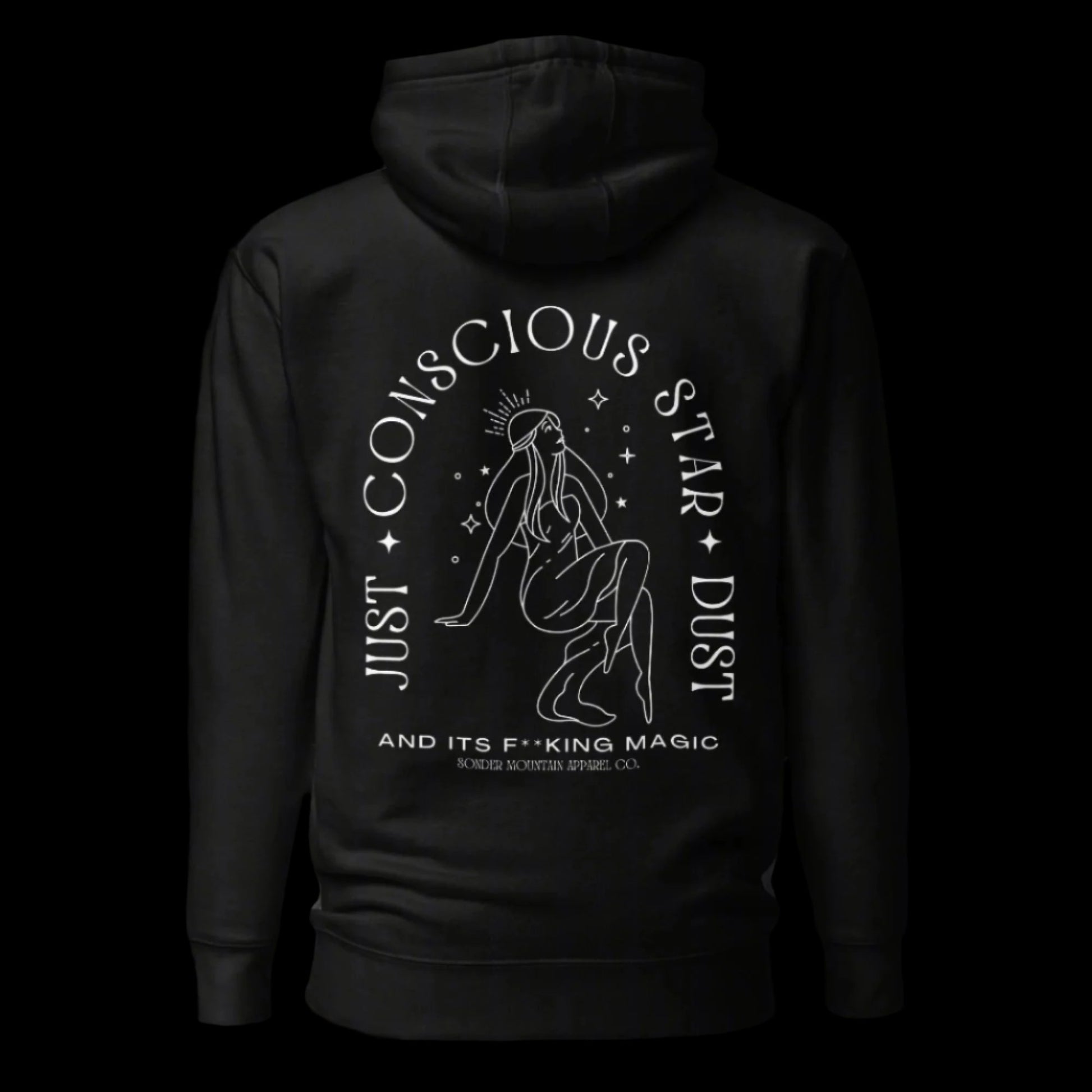 Star | Dust tattoo-inspired unisex hoodie with cotton face, brushed fleece interior, oversized back print, front pouch pocket, 3-panel hood, and matching flat drawstrings.