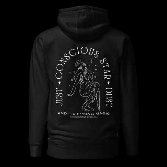 Star | Dust tattoo-inspired unisex hoodie with cotton face, brushed fleece interior, oversized back print, front pouch pocket, 3-panel hood, and matching flat drawstrings.