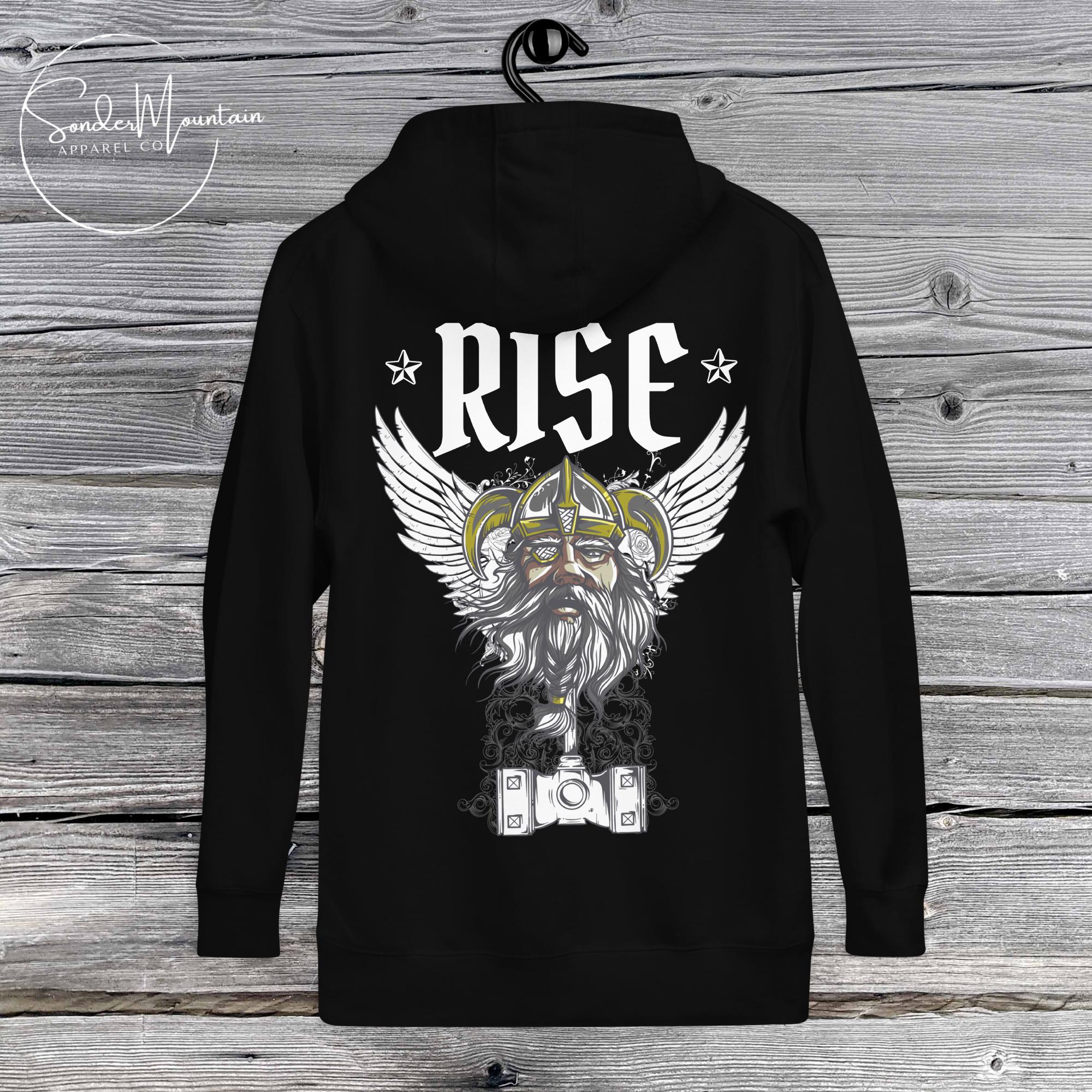A black unisex hoodie with a graphic print of a Viking on the front.