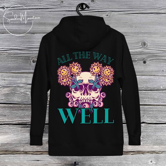Unisex tattoo-inspired “Let It Grow” hoodie featuring a blooming skull graphic, 100% cotton face with 65% ring-spun cotton and 35% polyester for warmth and durability, front pouch pocket, self-fabric back patch, matching flat drawstrings, and 3-panel hood for a signature relaxed fit.
