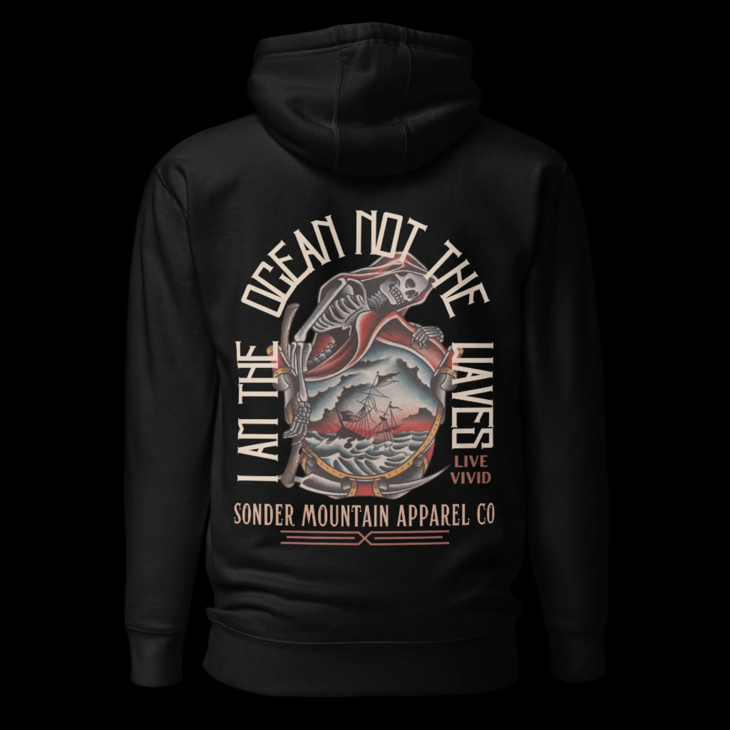 Black unisex hoodie with graphic design featuring a skull, ocean waves, and text 'At The Sea - Not The Waves' by Sonder Mountain Apparel Co.