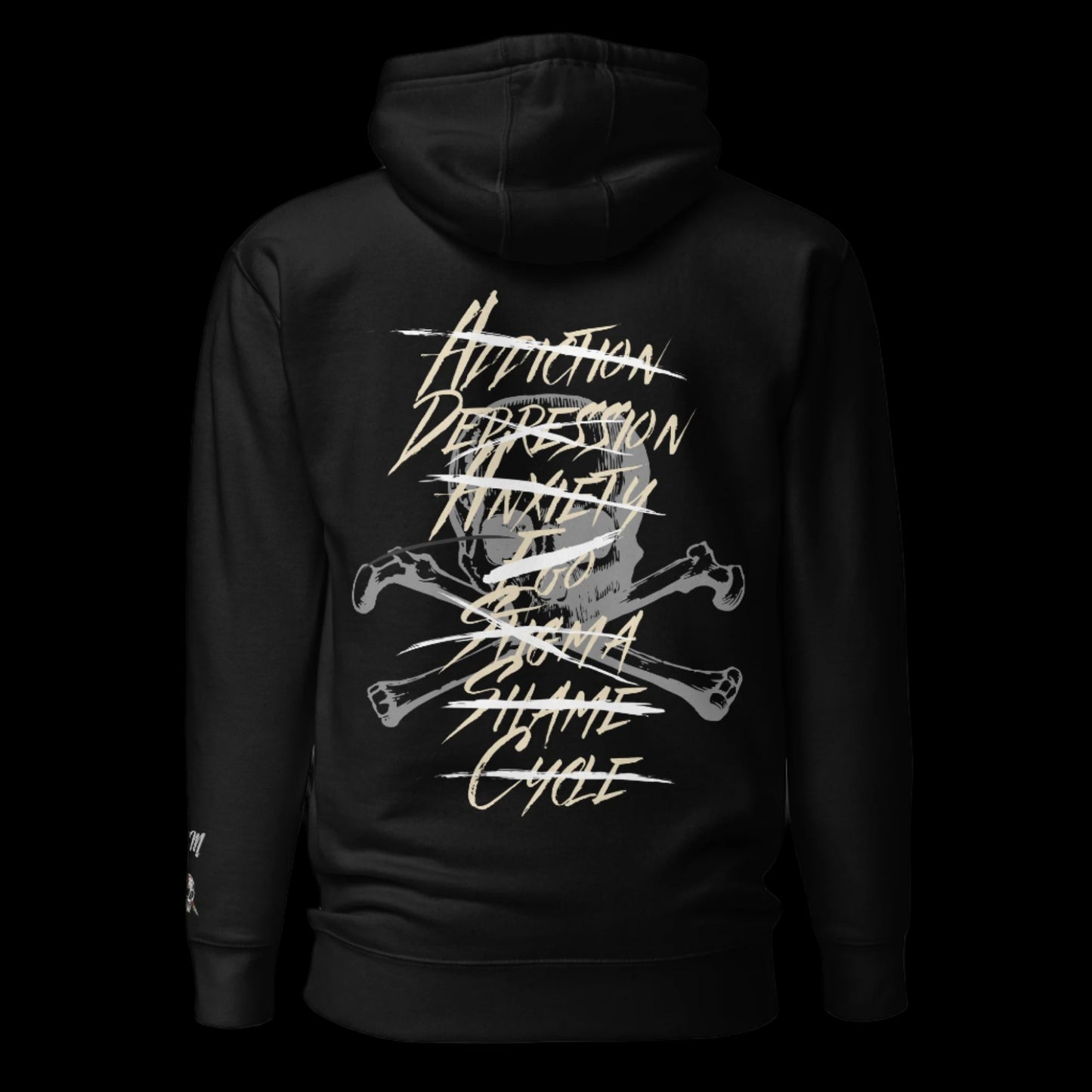 A black unisex hoodie with text graphic on the front showing a skull and bones, and the words 'Addiction', 'Depression', 'Suicide', and 'Summer Cycle' in a stylized font.