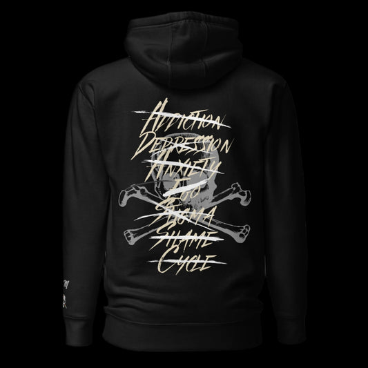 A black unisex hoodie with text graphic on the front showing a skull and bones, and the words 'Addiction', 'Depression', 'Suicide', and 'Summer Cycle' in a stylized font.