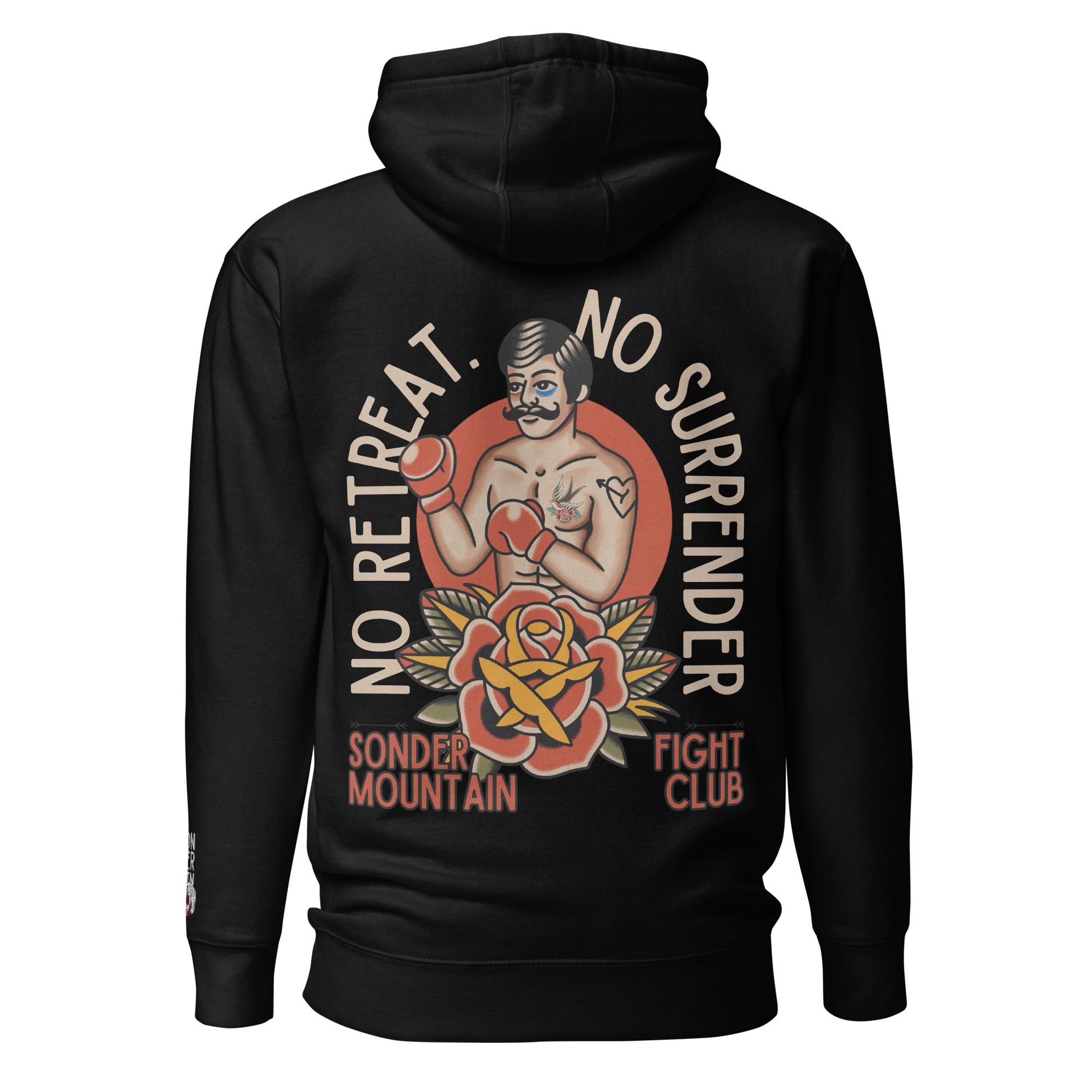 Fighters Club Tattooed Unisex Hoodie with 100% cotton face, 65% ring-spun cotton and 35% polyester blend, heavyweight fleece interior, bold tattoo-style boxer graphic, front pouch pocket, flat drawstrings, 3-panel hood, and a self-fabric patch on the back, designed for daily comfort and streetwear edge.