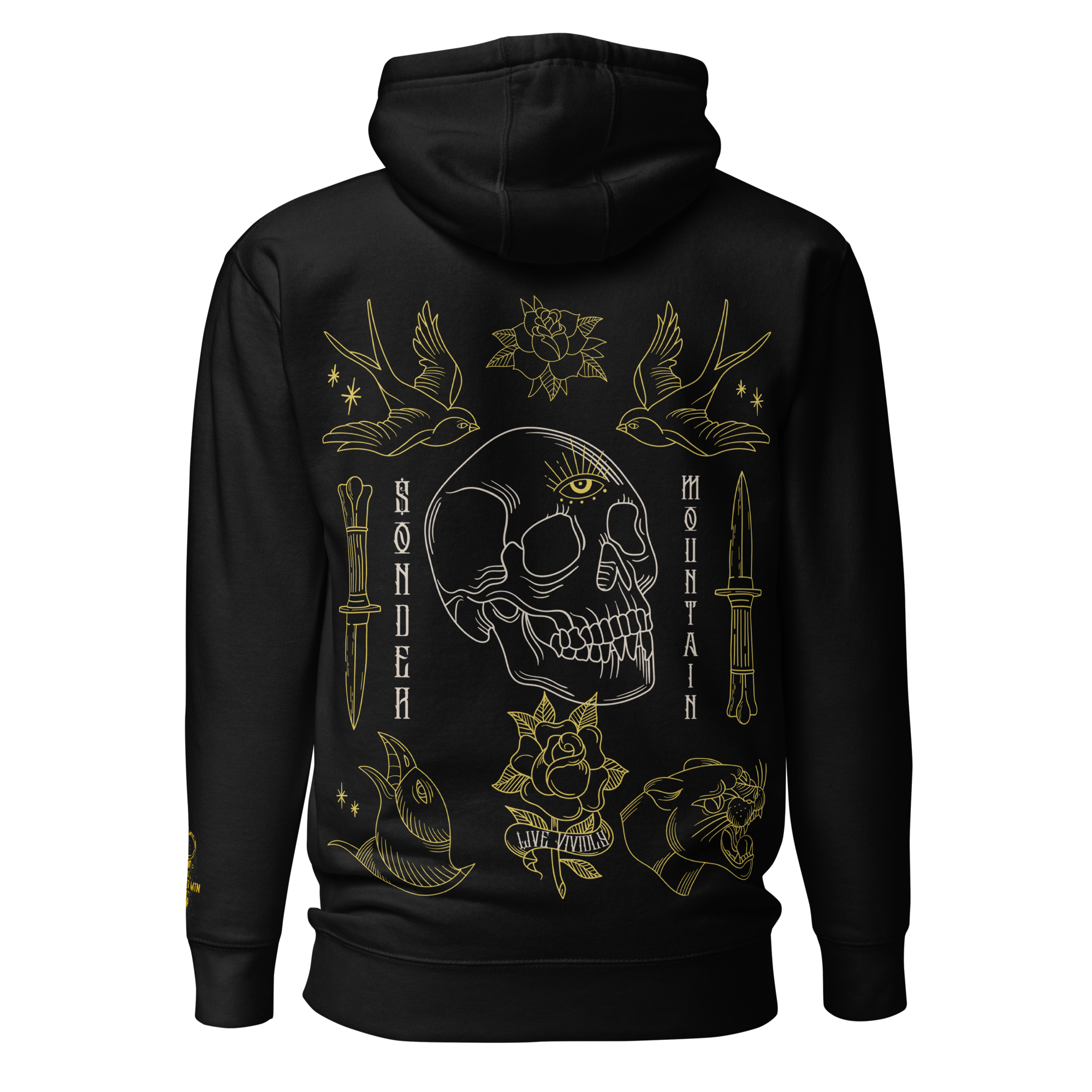 The Flash Back tattoo-inspired unisex hoodie with 100% cotton face, 65% ring-spun cotton and 35% polyester blend, featuring bold skull-and-dagger tattoo art, front pouch pocket, matching flat drawstrings, three-panel ergonomic hood, and self-fabric patch on back for a clean finish.