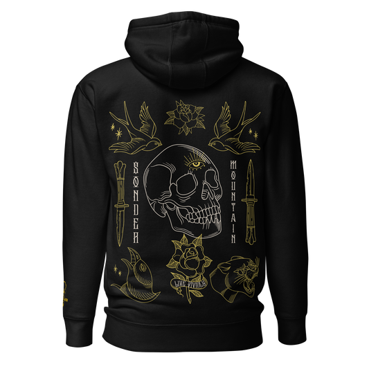 The Flash Back tattoo-inspired unisex hoodie with 100% cotton face, 65% ring-spun cotton and 35% polyester blend, featuring bold skull-and-dagger tattoo art, front pouch pocket, matching flat drawstrings, three-panel ergonomic hood, and self-fabric patch on back for a clean finish.