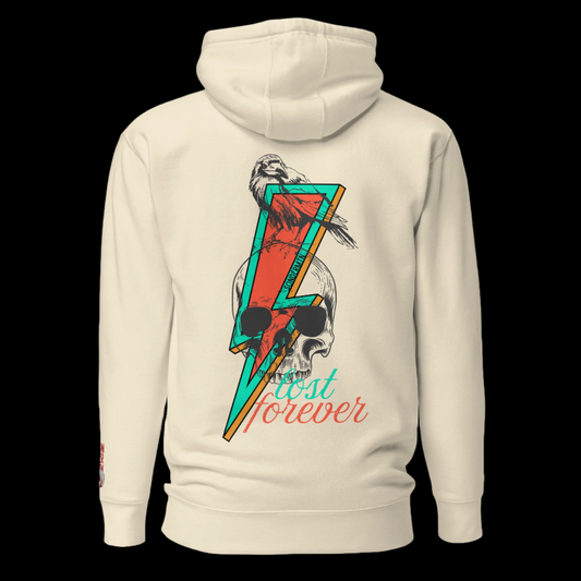 Lost Forever unisex hoodie with soft 100% cotton face, breathable cotton-polyester blend interior, front pouch pocket, matching flat drawstrings, 3-panel hood, double-stitched ribbed details, and reinforced seams, designed for streetwear comfort and warmth with a relaxed fit recommended by sizing up.