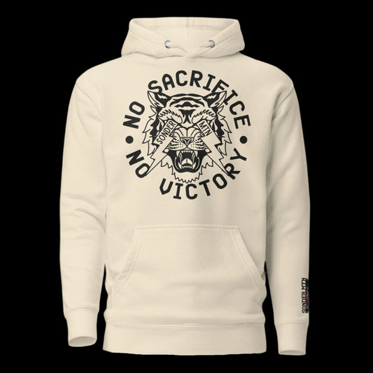 Unisex tattoo-inspired hoodie featuring fierce tiger graphic and “No Sacrifice, No Victory” lettering, made with 100% cotton face and 65/35 ring-spun cotton-poly blend, with front pouch pocket, flat drawstrings, and 3-panel hood for streetwear comfort and durability.