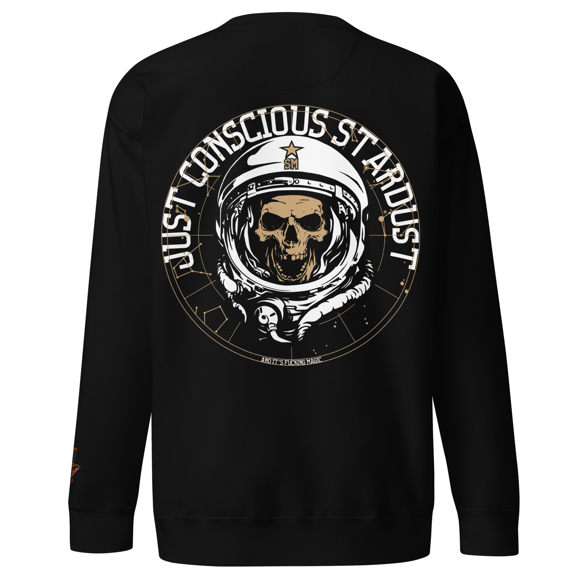 A black sweatshirt with a graphic print of a skull wearing a space helmet and the text 'JUST CONSCIOUS STARDUST'.