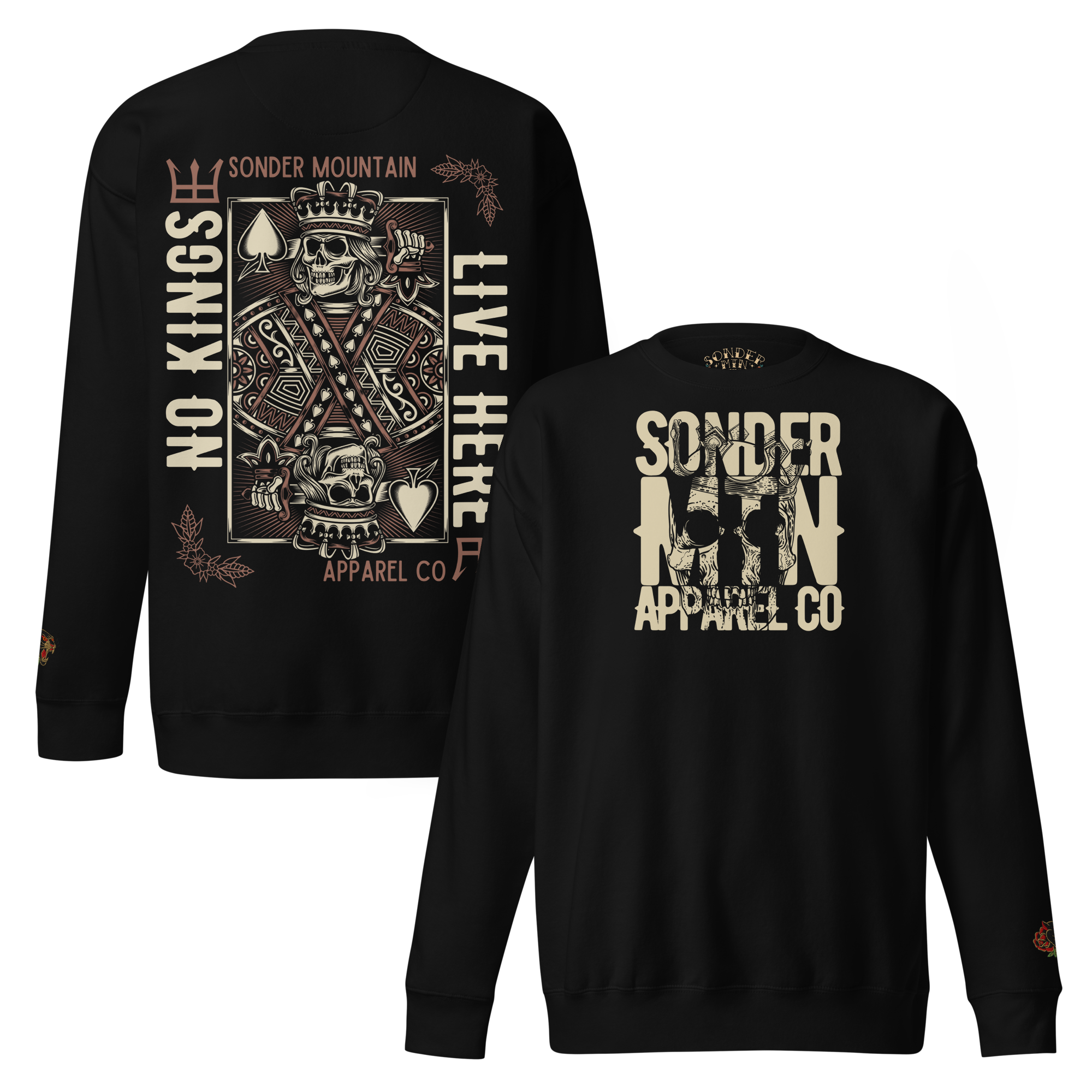 A black crewneck sweatshirt with a tattoo-inspired graphic design on the back, featuring text and a skull illustration.