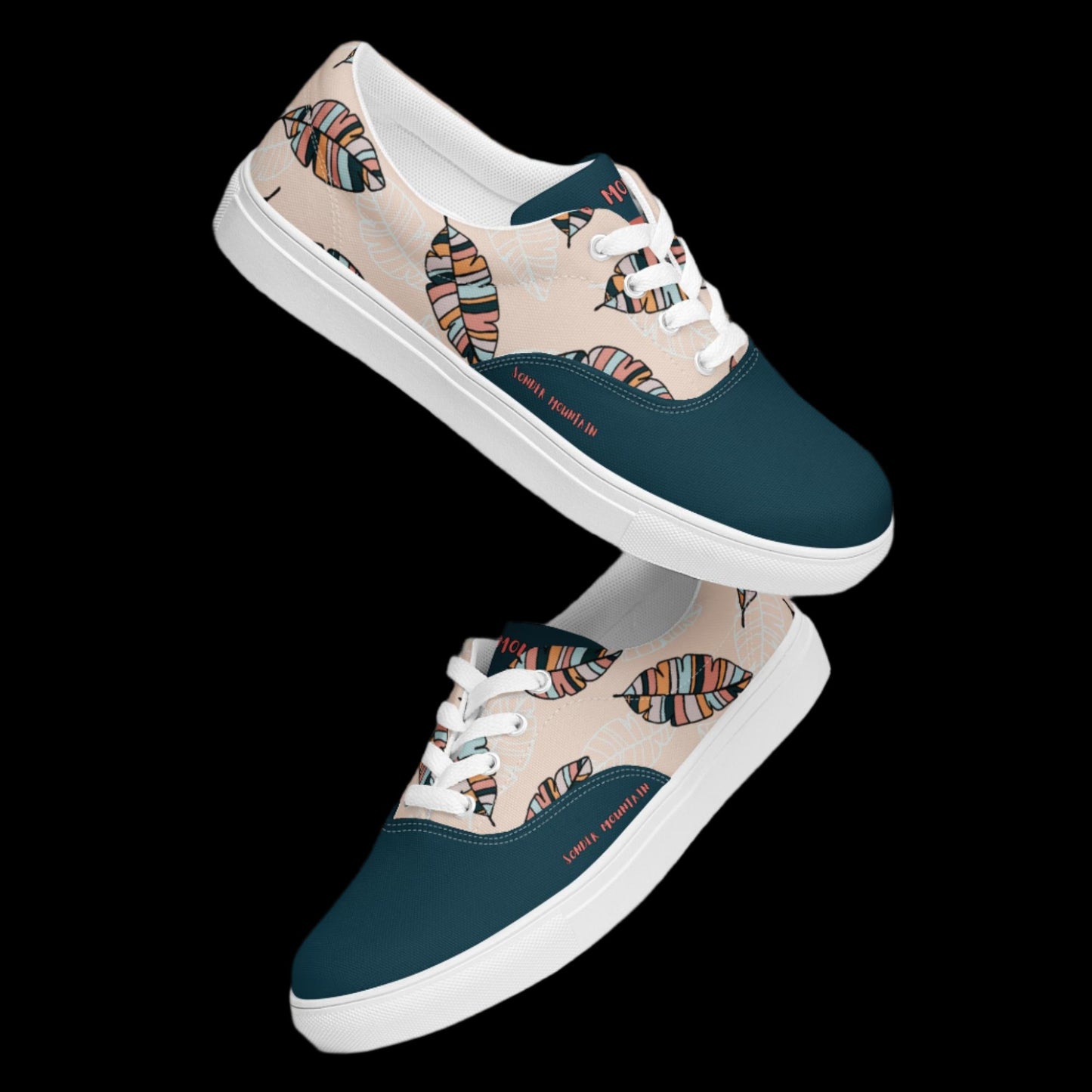 Whisper tattoo-inspired women’s lace-up canvas shoes featuring lightweight 100% polyester canvas upper, breathable lining, padded collar and tongue, removable insole, white laces, and flexible EVA rubber outsole for everyday comfort and style.
