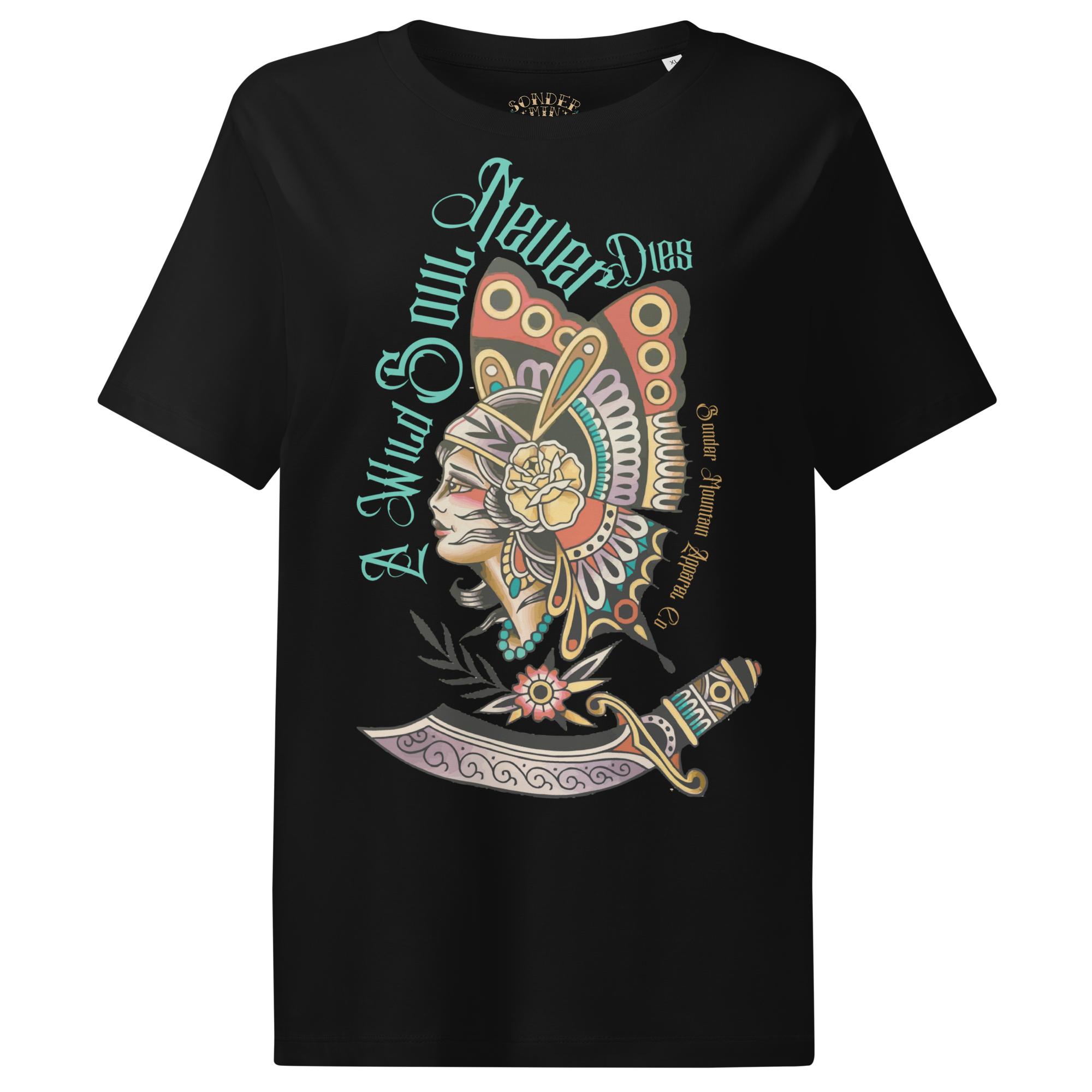 A Wild Soul Never Dies” tattoo-inspired organic cotton t-shirt, 5.3 oz/yd² fabric, regular fit, set-in sleeves, 1×1 rib collar, double-needle topstitching, self-fabric neck tape, certified ethical fabric (GRS, OCS, GOTS, OEKO-TEX, PETA-Approved Vegan), sustainable fashion, women’s apparel.