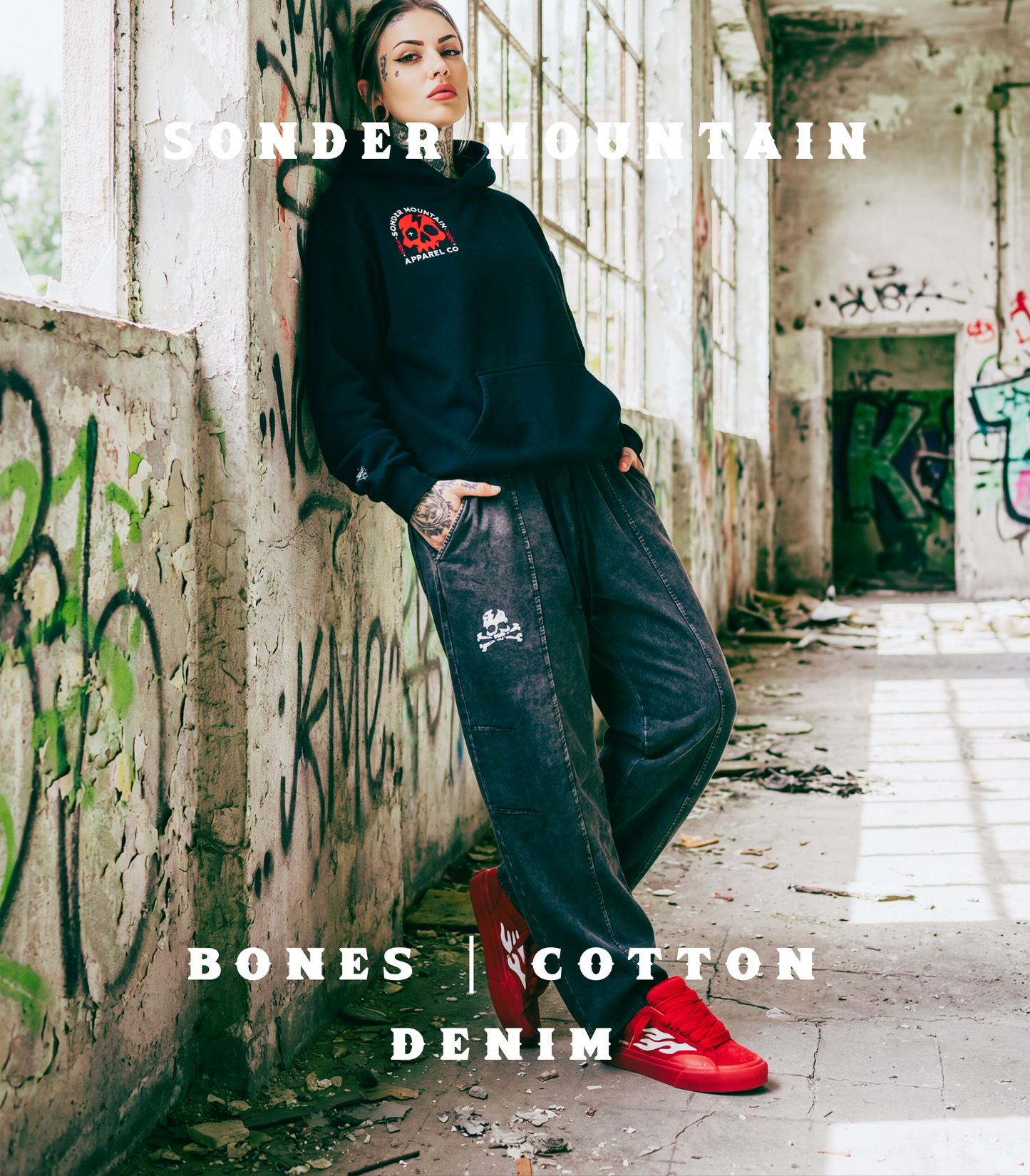 Bones - Snow Wash Drawstring Cotton Denim Pants