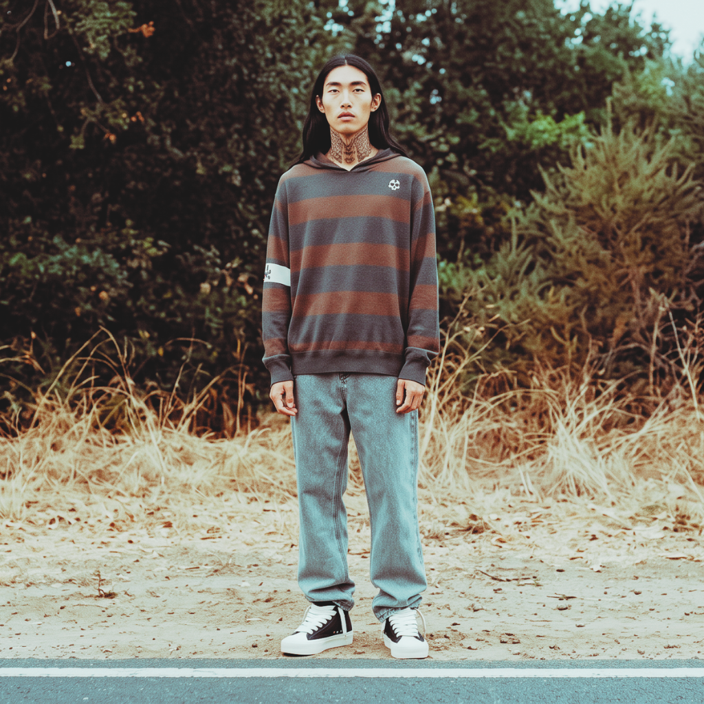 A person stands outdoors on a road with dry grass and trees in the background, wearing a brown and gray striped long-sleeve shirt, light blue jeans, and black-and-white sneakers.