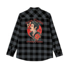 American Tradition unisex heavyweight flannel shirt with classic buffalo plaid pattern, bold flash-art graphic on the back, 60% cotton 40% polyester blend, relaxed classic fit, tear-away neck label, and sewn-in side label for authenticity.