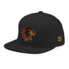 Black cap with panther and rose design on a white background