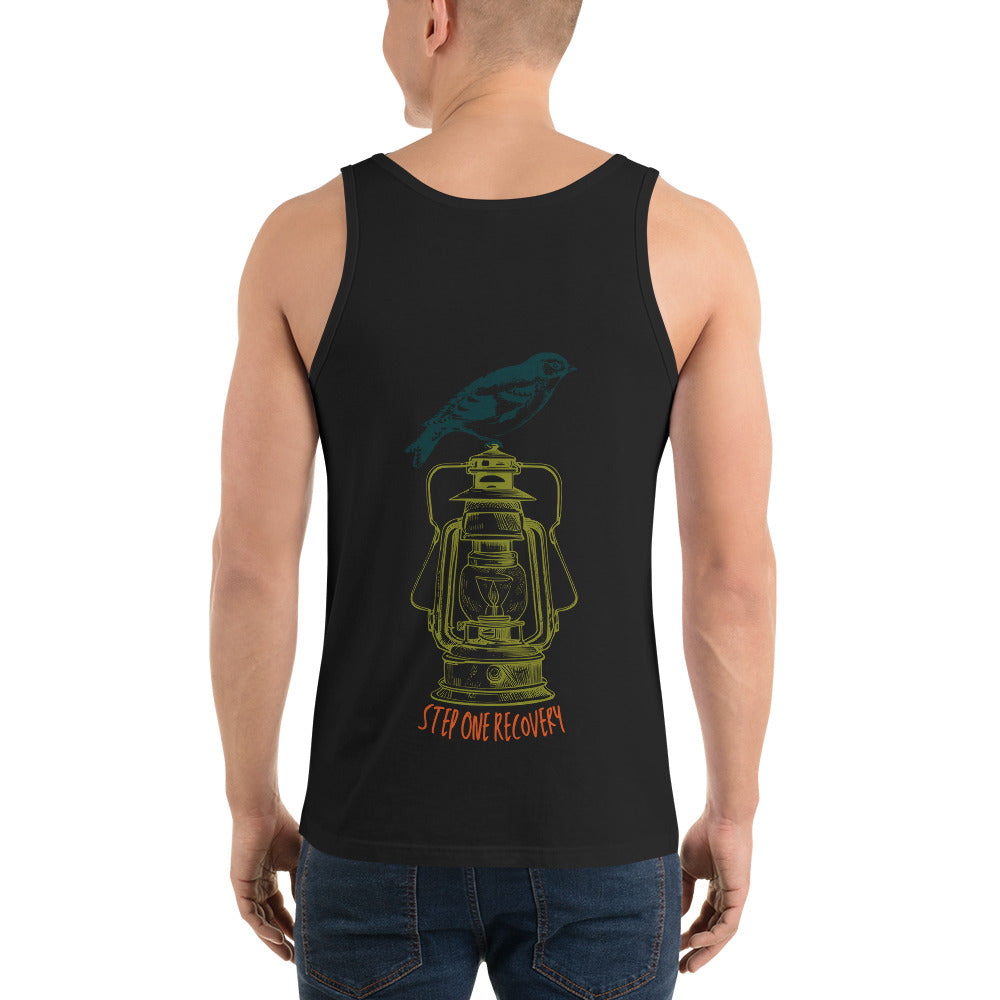 A man's tank top with a black color scheme, featuring a graphic of a bird lamp on the front.