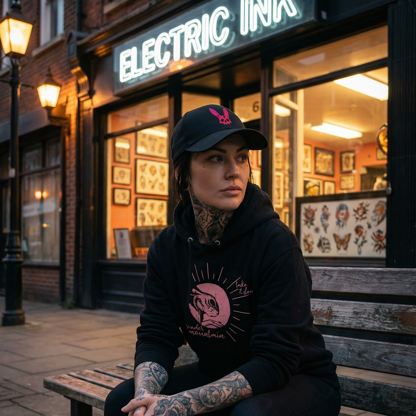 Person sitting on a bench in front of a tattoo studio named 'Electric Ink'.