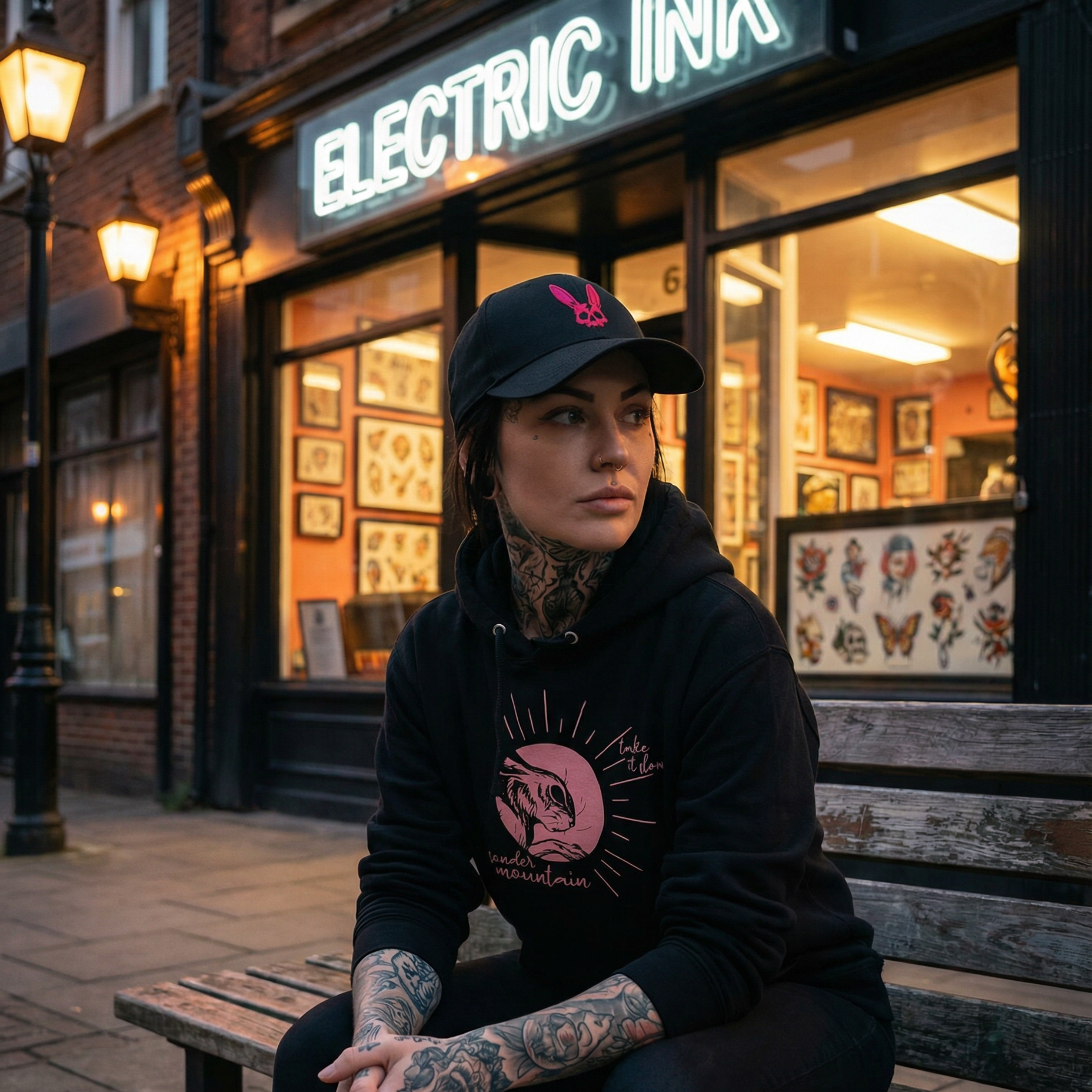 Person sitting on a bench in front of a tattoo studio named 'Electric Ink'.