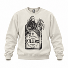 An off-white crewneck sweatshirt featuring a large black graphic print of a skeleton in a cigarette pack labeled 'KILLERS'.