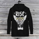 A black unisex hoodie with a graphic print of a Viking on the front.