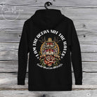 A black unisex hoodie with an ocean-themed graphic design, featuring text and various elements such as a lighthouse, waves, and a rose.