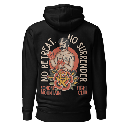 Fighters Club Tattooed Unisex Hoodie with 100% cotton face, 65% ring-spun cotton and 35% polyester blend, heavyweight fleece interior, bold tattoo-style boxer graphic, front pouch pocket, flat drawstrings, 3-panel hood, and a self-fabric patch on the back, designed for daily comfort and streetwear edge.