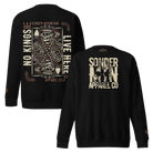 A black crewneck sweatshirt with a tattoo-inspired graphic design on the back, featuring text and a skull illustration.