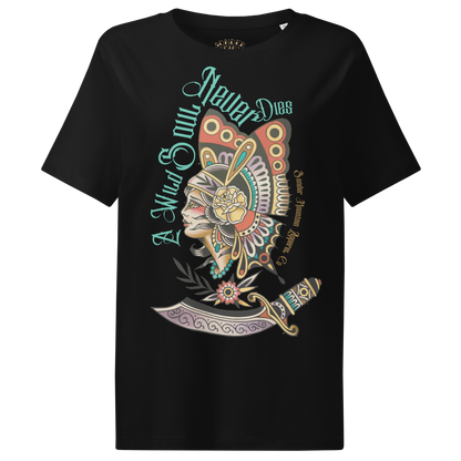 A Wild Soul Never Dies” tattoo-inspired organic cotton t-shirt, 5.3 oz/yd² fabric, regular fit, set-in sleeves, 1×1 rib collar, double-needle topstitching, self-fabric neck tape, certified ethical fabric (GRS, OCS, GOTS, OEKO-TEX, PETA-Approved Vegan), sustainable fashion, women’s apparel.